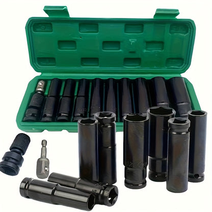 1/2-Inch Drive Deep Impact Socket Set 11pcs, Extended Length Sockets With Durable Steel Construction, Includes Telescoping Extension Bar And Drill Adapter, Anti-Slip, Resistant To Breakage And Shattering, Ideal For Automotive Repair Metal Material