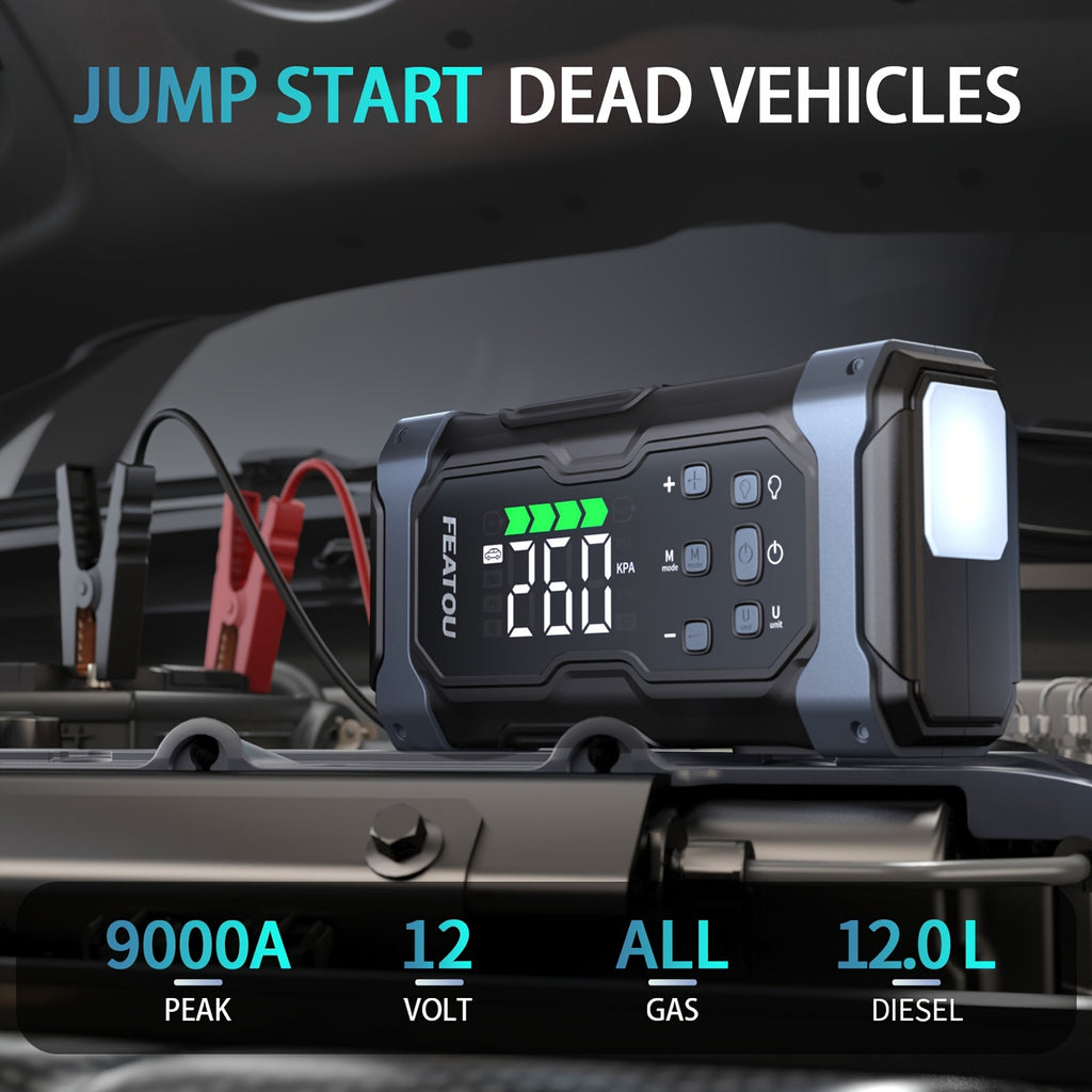 FEATOU High-Power 9000A Jump Starter with Air Compressor/Tire Inflator, 12V Jumper Box for Car(All Gas/14L Diesel), 9in 1 Portable Jump Starter Power Pack, Jump Starter Battery Pack, Heavy Duty Portable Jump Starter, Christmas Gifts
