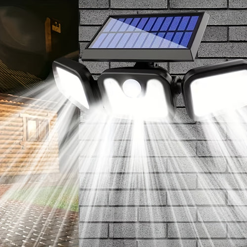 2/1pc 74LED Solar Outdoor Three-Head Sensor Wall Lamp, IP55 with 74 LED Light Beads, Wide-Angle Lighting, 3 Modes, Suitable for Garden, Courtyard, Street, Garage, Terrace And Porch Lighting