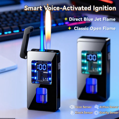 Intelligent Voice-Controlled Dual Flame Lighter with a Gravity Sensor, Designed to Be Windproof for Outdoor Activities, Presented in a Luxurious Black Ice Gift Box, Perfect As a Gift for Men