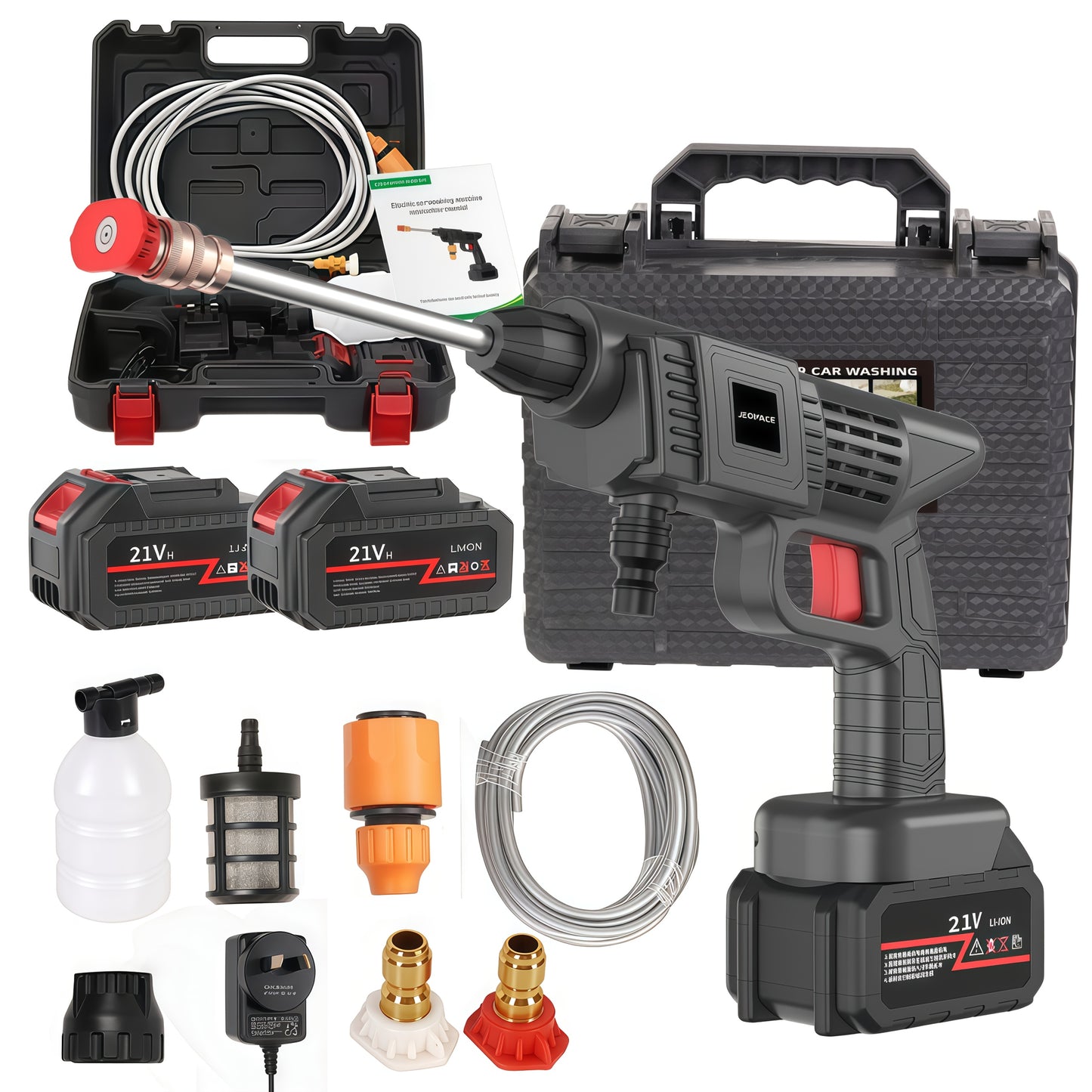 [Cordless Car Wash Gun Set] Single-Battery/Dual-Battery Electric Pressure Washer Tool Kit | Cordless Rechargeable Car Wash Gun Tool Set, Equipped With 1 Or 2 Batteries, A Foam Dispenser, A Nozzle And A Hose, Suitable For Cleaning Cars And Motorcycle
