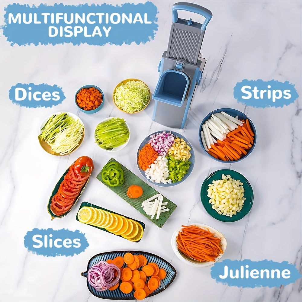 4-in-1 Vegetable Cutter Manual Fruit Slicer with Adjustable Detachable Stainless Steel Blade, Foldable Design & Large Capacity ABS Container for Shredding, Slicing, Stripping, Dicing - Compact Kitchen Tool for Efficient Food Prep, Vegetable Slicer, Meal P