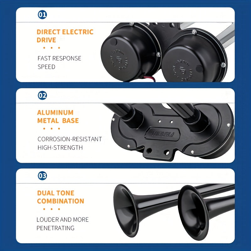 ALLREY Train Horn Kit Universal Electric Horns Dual Trumpet 130dB Super Loud Horns for Any 12V Vehicles Trucks/Lorrys/ Trains/ Boats/ Cars/ SUV/ Pickup/ Jeep/ Golf Cart Aluminum Alloy+ABS