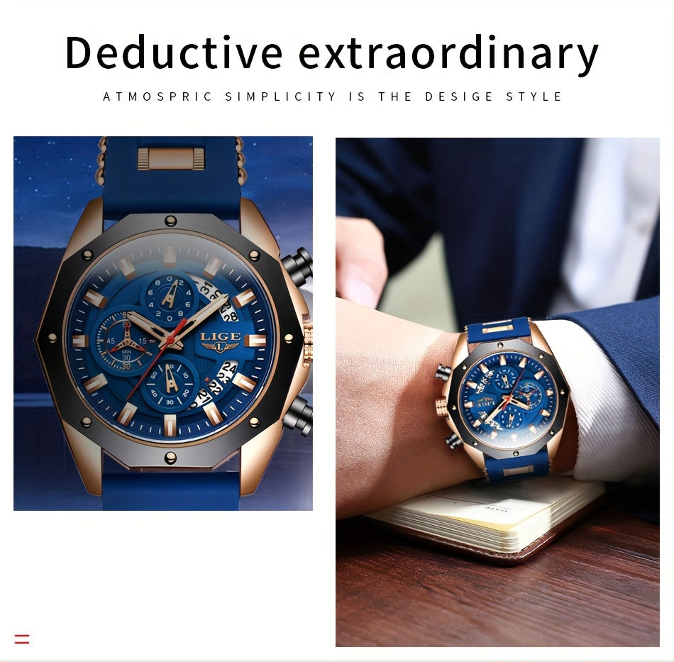 LIGE Watch 2026, Men's Watch, Fashion Watch, Analog Watch, Youth Watch, Outdoor Sports Watch, Calendar Display, Blue Watch, Black Watch, Birthday Gift, Graduation Gift, Holiday Gift, Stopwatch, Watch Gift for Men.