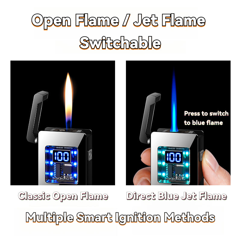 Intelligent Voice-Controlled Dual Flame Lighter with a Gravity Sensor, Designed to Be Windproof for Outdoor Activities, Presented in a Luxurious Black Ice Gift Box, Perfect As a Gift for Men