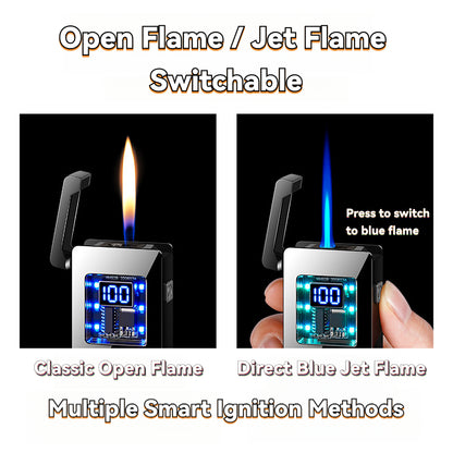 Intelligent Voice-Controlled Dual Flame Lighter with a Gravity Sensor, Designed to Be Windproof for Outdoor Activities, Presented in a Luxurious Black Ice Gift Box, Perfect As a Gift for Men
