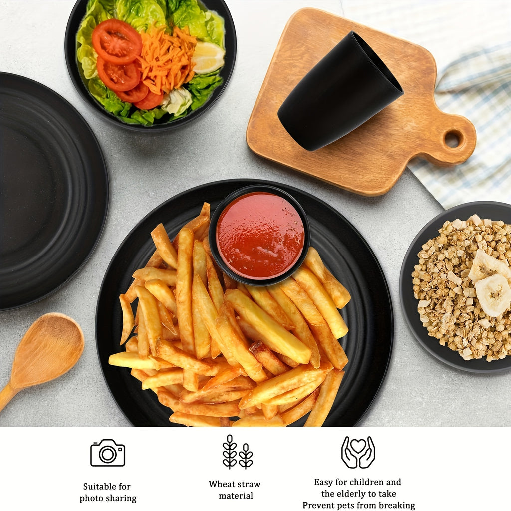 16-Piece Kitchen Plastic Wheat Straw Dinnerware Set, Service For 4, Unbreakable Plastic Dish Set - Dinner Plate/Soy Sauce Dishes/Cereal Bowl/Cup, For Apartment Basics, Outdoor Camping, Black