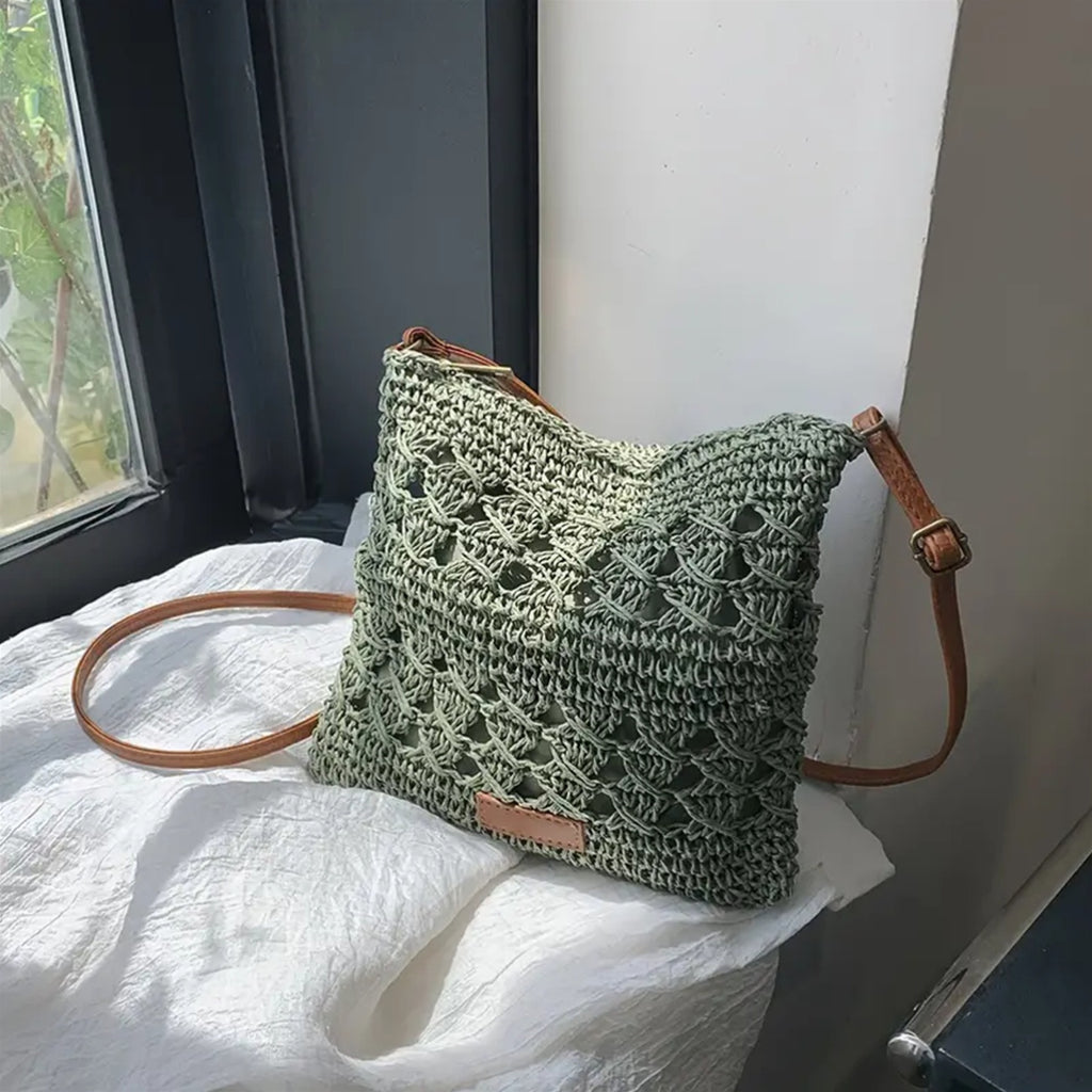 1pc a Hollow Woven Bag, a Handcrafted Round Straw Bag, a Bohemian Style Crossbody Bag, a Trendy Hollow Beach Bag Suitable for Travel And Holidays