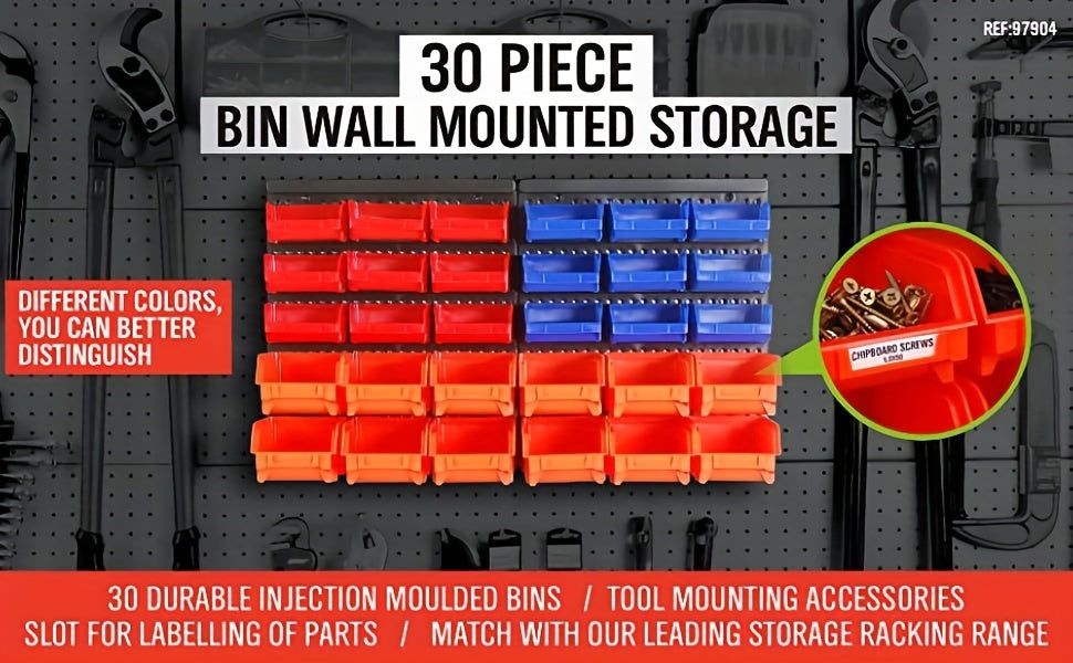 30/47/64/90 Bin Parts Storage Rack Set, Wall Mount Pegboard with 2-Size Bins Garage Tool Organizer Plastic Board Workshop Shed Box Trays for Bolts, Nuts, Nails And Small Parts