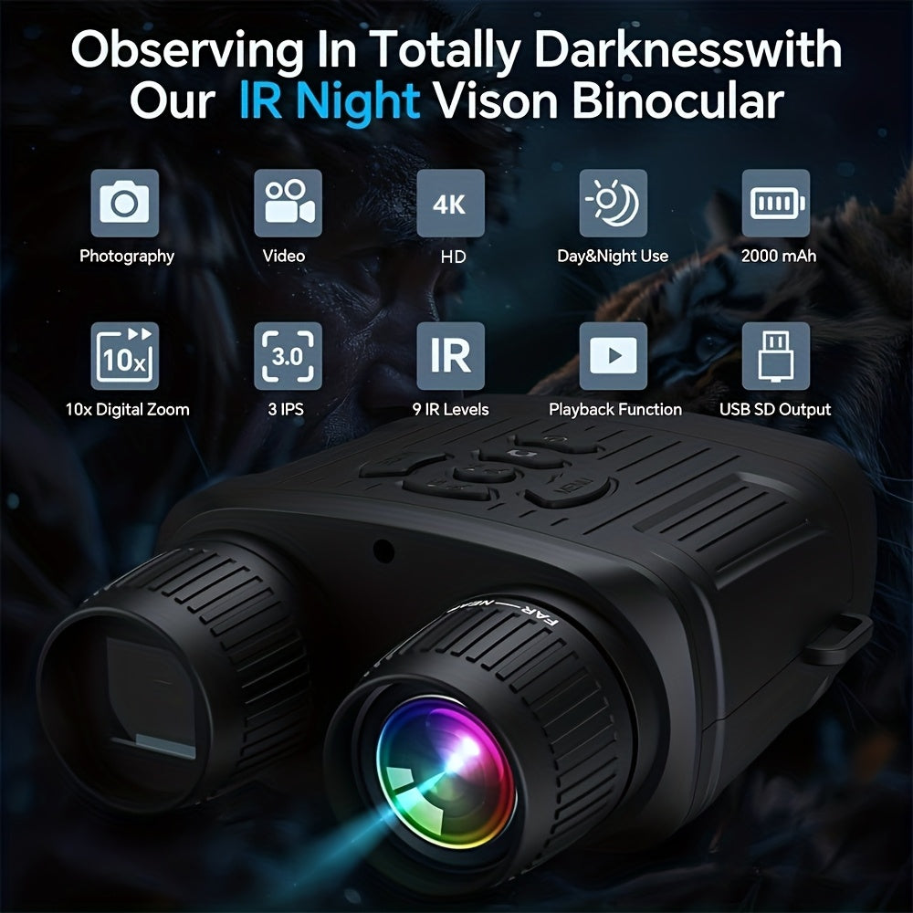 36MP 4K Night Vision Goggles Binoculars, with Infrared, 7.62 cm HD Large Screen, 10X Magnification, Infrared Digital Night Vision Camera for 100% Darkness Viewing, Hunting Use, Farm Surveillance, Wildlife Observation, Tactical Binoculars for Adults