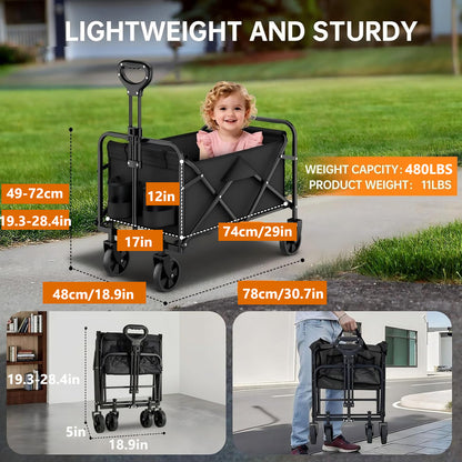 [Beach Cart Wagon] Sturdy 480LBS Beach Cart with Large Capacity | Versatile Folding Utility Wagon for All Terrains Featuring Big Wheels, Side Pocket, And Brakes | Made from Durable Oxford Fabric And Steel, Ideal for Camping, Gardening, Sports, And Shoppin