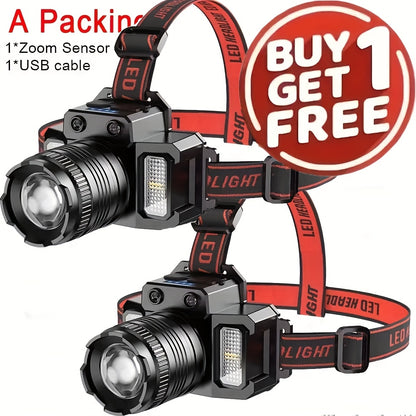 Buy One Get One Free, A Total Of 2 Multifunctional 5LED Headlights, USB Charging Headlights (with Wires), 4 Adjustable Modes, Suitable for Outdoor Camping, Night Fishing, Hiking, Car Maintenance, Hunting, And Home Emergency Lighting