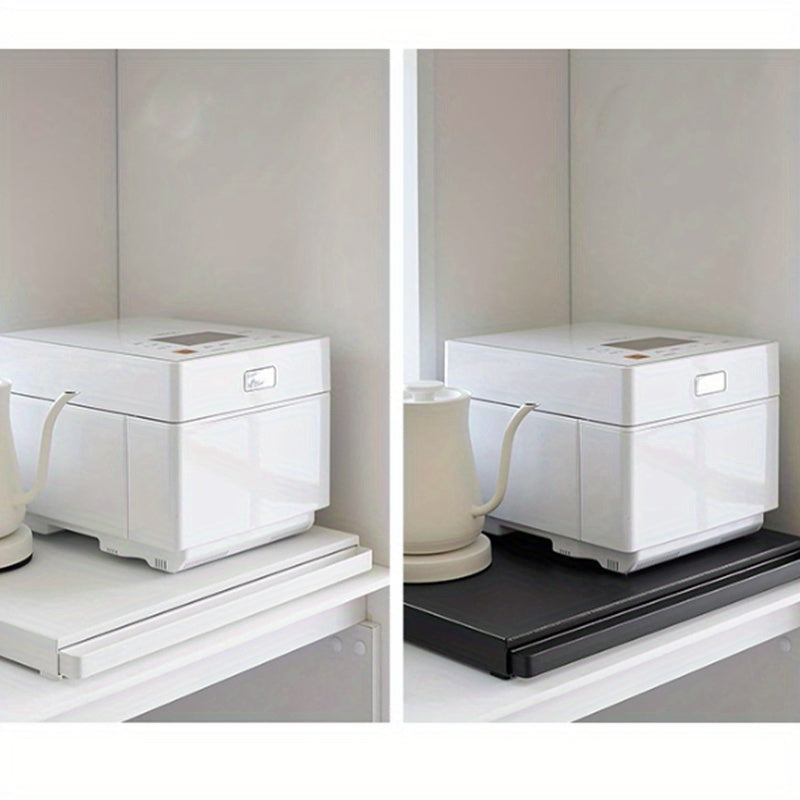 1pc Black And White, Adjustable Metal Microwave Tray Organizer - Pull-Out Drawer Organizer for Kitchen Countertops, Retractable Sliding Microwave Tray Organizer, Perfect for Meal Prep, Countertop Organizer | Modern Kitchen Rack, Utility Rack