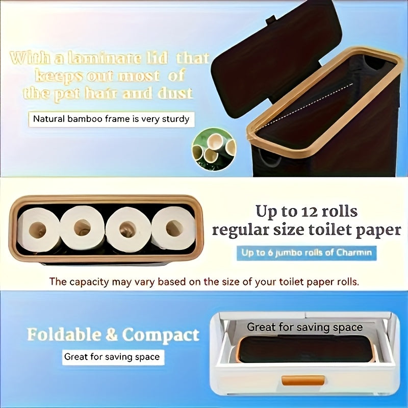 Toilet Paper Storage Basket, Papers Container with Bamboo Lid, Medium Toilets Holder for Up to 12 Rolls, Toilet Paper Storage Cabinet for Bathroom, Multi-Functional Collapsible Storage Basket, Toilet Paper Storage Containers