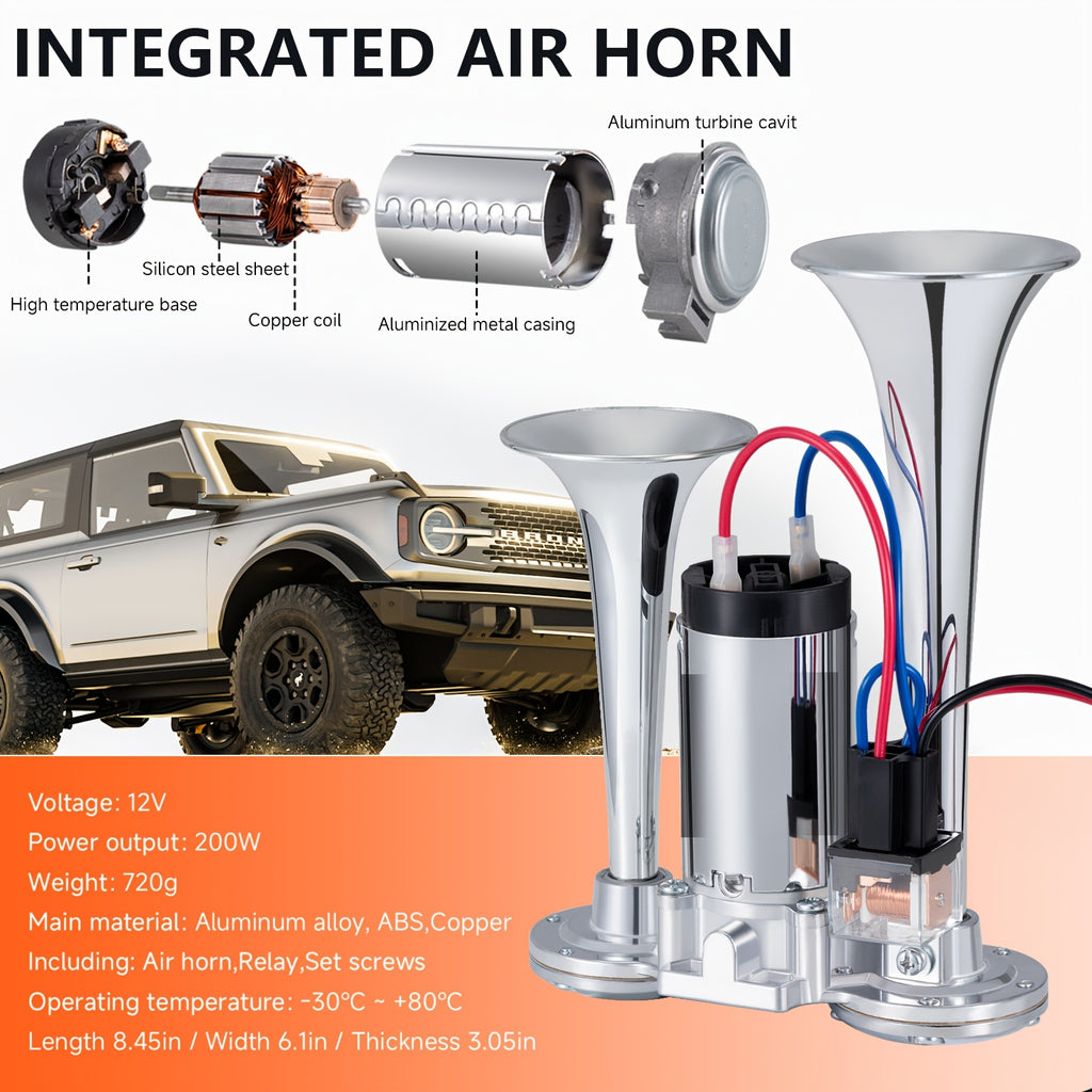 ALLRE Car Horn 12V Universal Air Horns Train Horn for Truck Super Loud Air Horn Dual Trumpets with Compressor Kit for Any 12V Vehicles (Black Air Horn with Switch Button)
