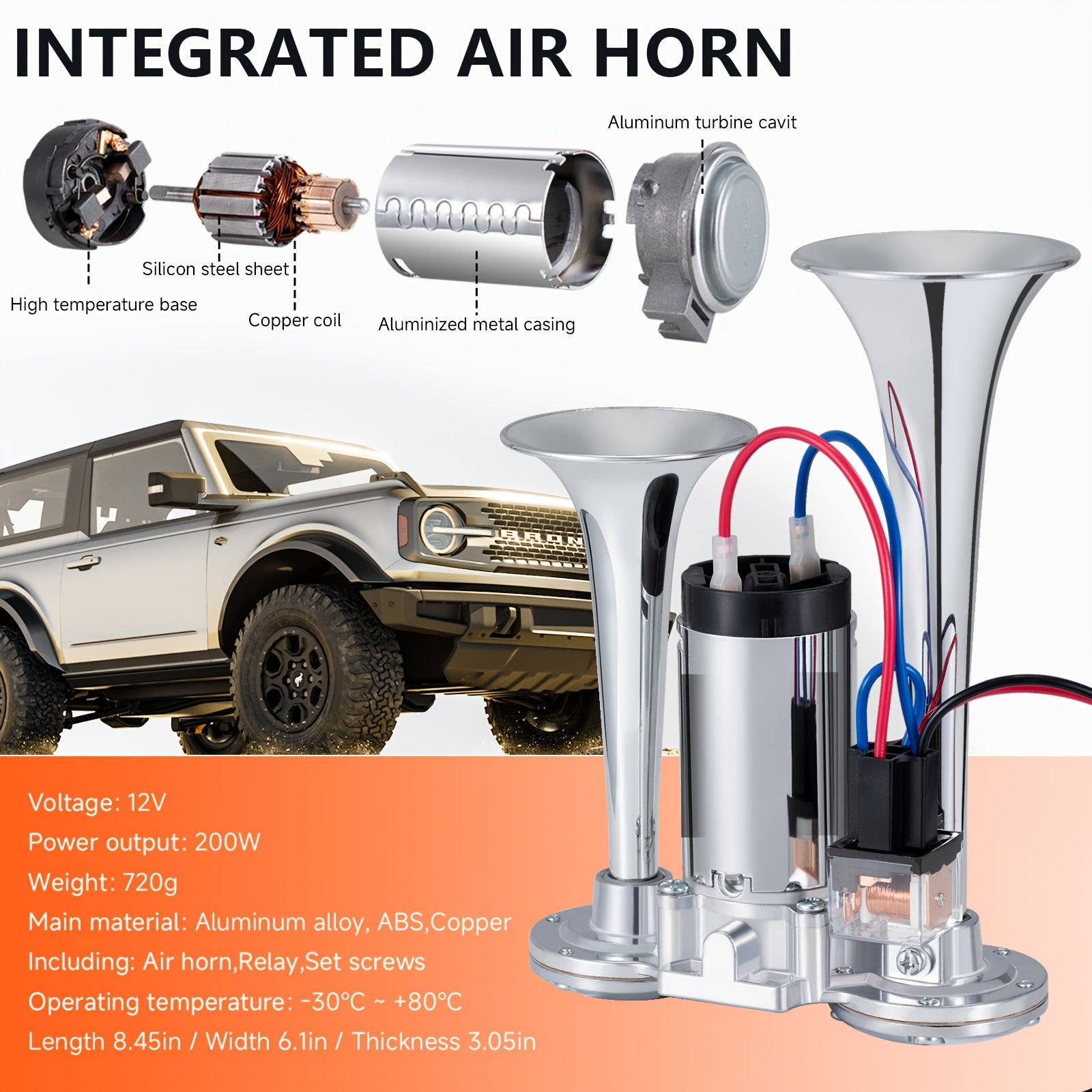 ALLRE Car Horn 12V Universal Air Horns Train Horn for Truck Super Loud Air Horn Dual Trumpets with Compressor Kit for Any 12V Vehicles (Black Air Horn with Switch Button)