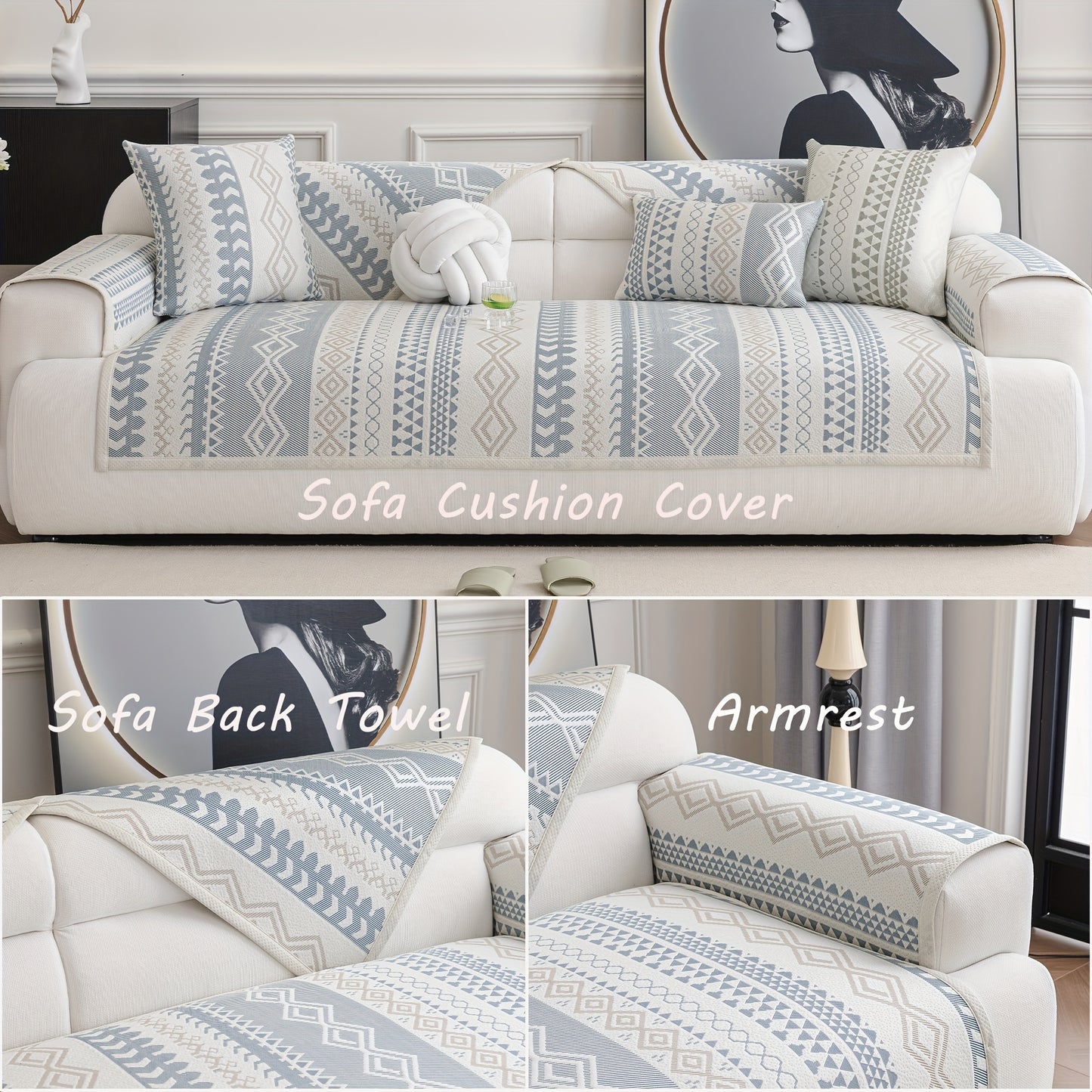 1pc Boho Chic Geometric Sofa Cover - Soft, Breathable, Non-Slip, Scratch-Resistant Couch Protector In Blue & White Patterns - Perfect for 1-4 Seat Sofas, Pet-Friendly, Machine Washable, Petfriendly Cover