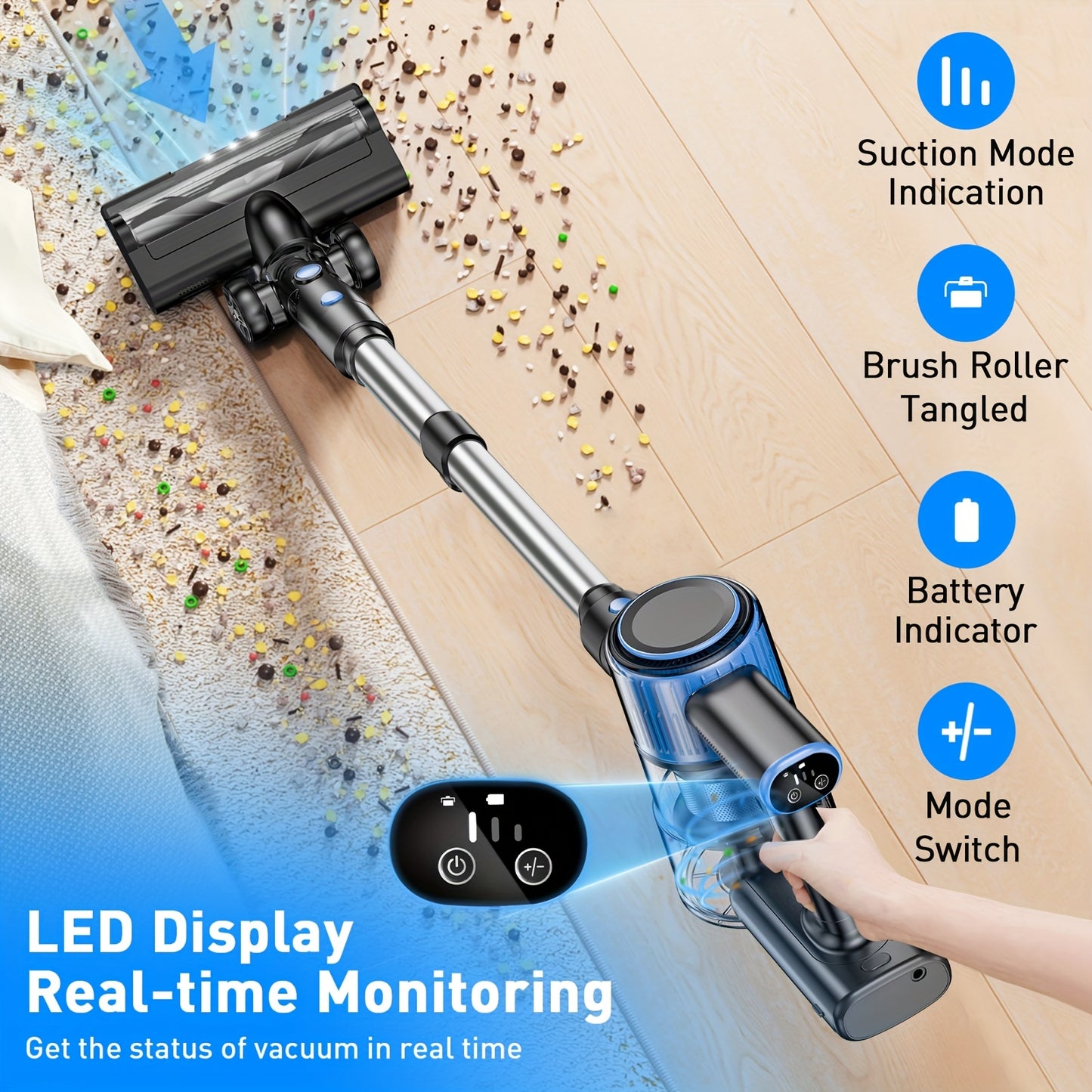 Cordless Vacuum Cleaner, 45KPa Powerful Cordless Vacuum Cleaner, 2200-2500mAh,, Anti-Tangle FloorBrush, 8-in-1 Vacuum Cleaners for Home, Lightweight Powerful Stick Vacuum Cleaner, Rechargeable Vacuum for Carpet, Pet Hair, Tile