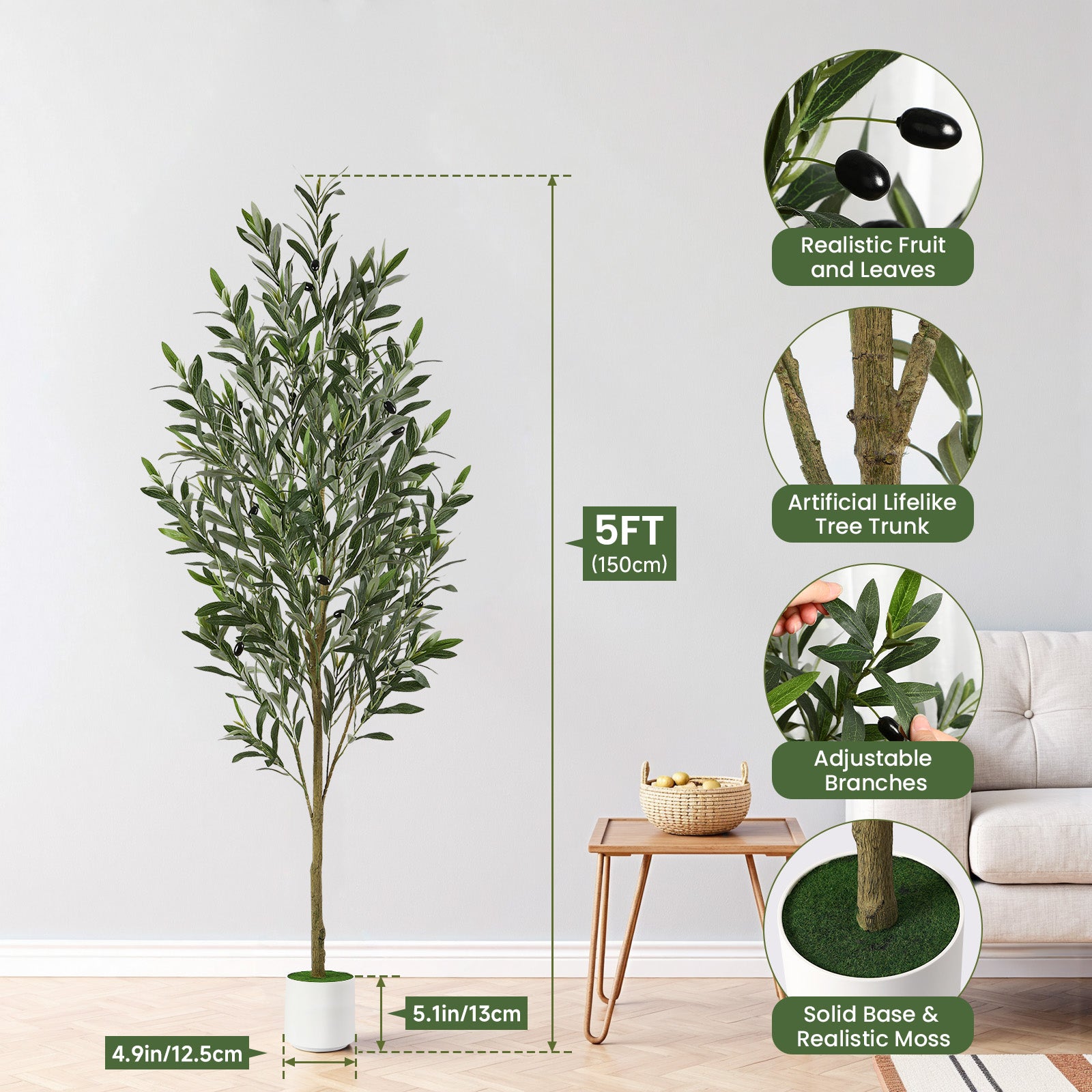 180Cm Artificial Olive Trees, Faux Silk Plant with Lively Artificial Trunk And Lifelike Fruits, Indoor Fake Potted Tree with White Planter for Modern Home Office Living Room Decor, 120/150/180/210/240Cm