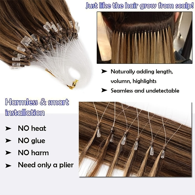 Invisible Micro Ring Hair Extensions for Women, Remy Human Hair, Easy to Apply & Remove, No Damage Seamless Hair Extensions, 100 Strands Per Pack