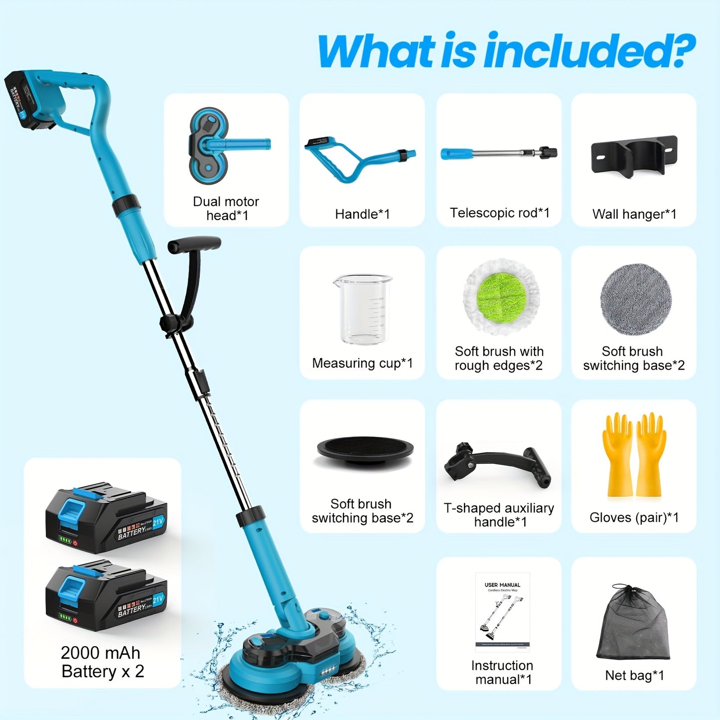 Cordless Spin Mop and Electric Scrubber, 2×2000mAh Battery, 800RPM Smart LED Display Floor Cleaner, Tile/Hardwood Floor Spray and Spin Mop Head, Wireless Lightweight Mop System