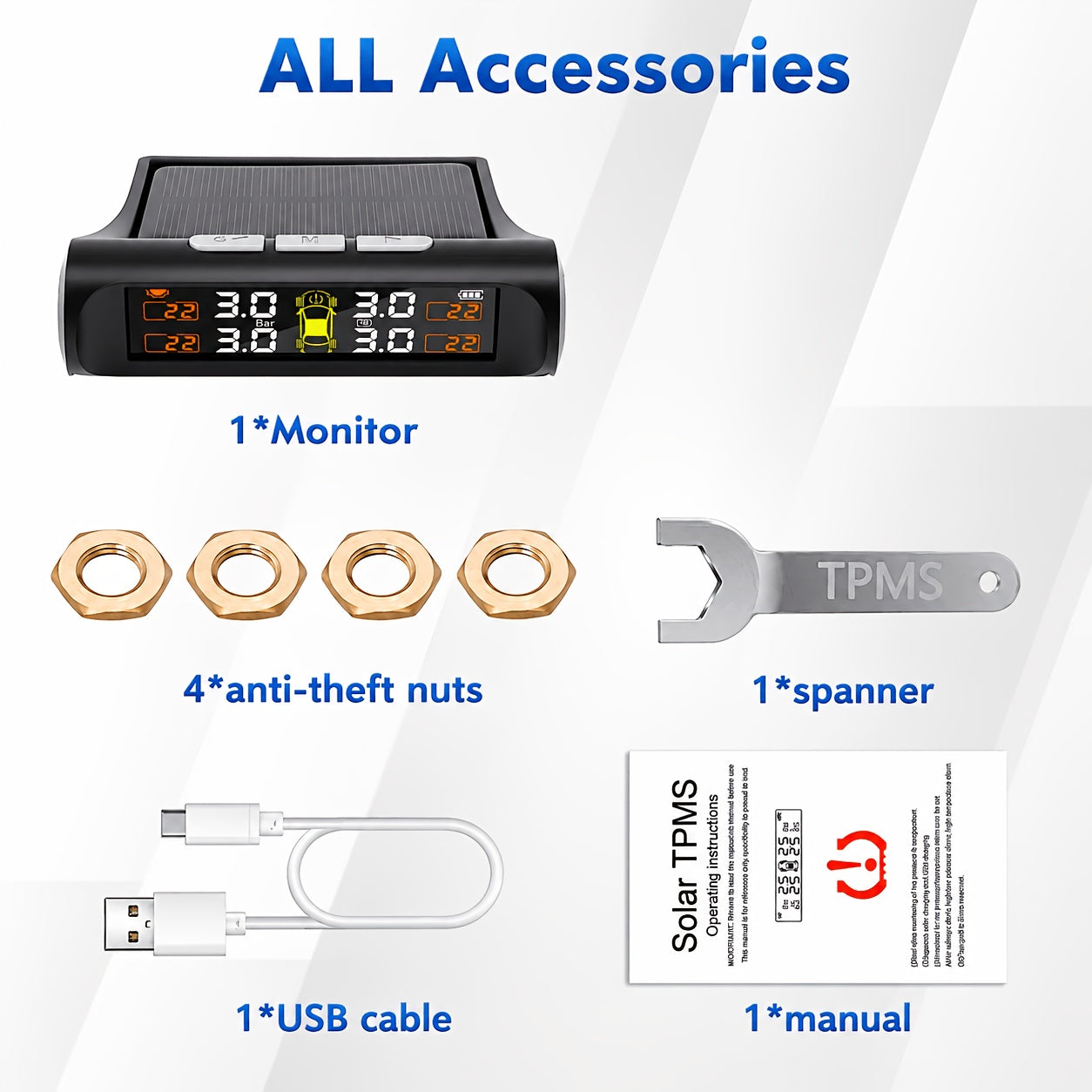 Vehicle Tire Pressure Gauge, Universal Tire Pressure Monitoring System (TPMS), Solar Charging, High-Definition Digital LCD Display, Vehicle Alarm