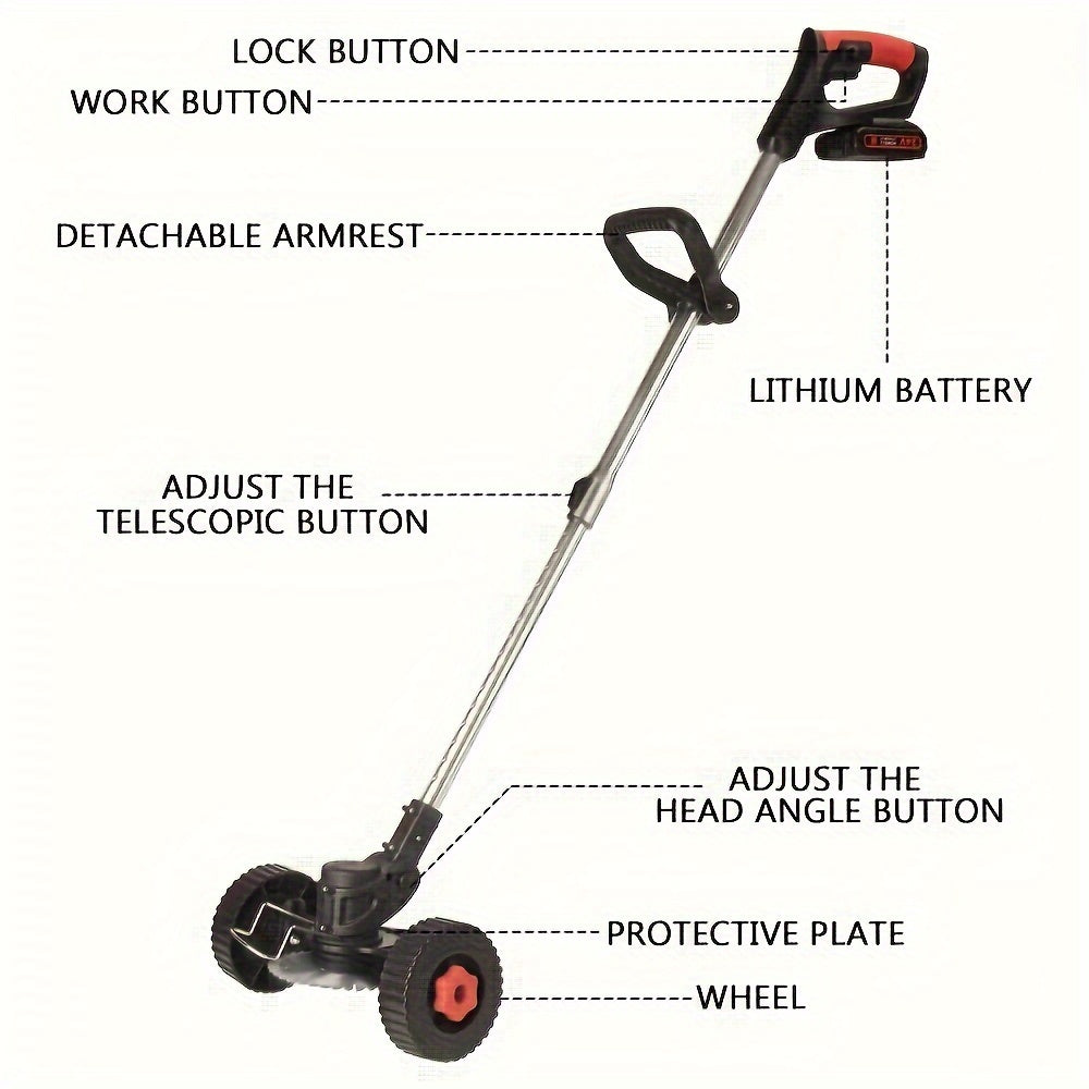 21V Battery-Powered Grass Trimmer And Edger with Wheels, Featuring 3 Types of Blades for Efficient Lawn Maintenance