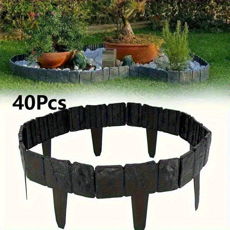 Set of 40 Interlocking Plastic Garden Borders with a Stone-Like End - Sturdy And Weatherproof Landscape Edging Suitable for Flower Beds, Lawns, And Terraces. Easy Push-In Setup, Rustic Black Design for Outdoor Decor, Garden Additions