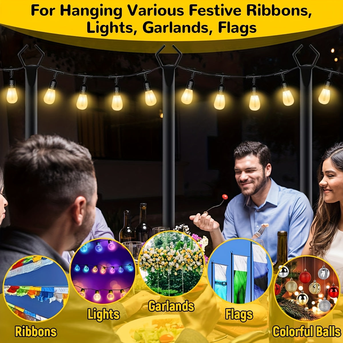 4 Pack 3.35 meter Heavy Duty Metal String Light Poles Adjustable Outdoor Lighting Stand For Patio, Backyard, Garden, Party & Wedding Rustproof & Sturdy With Hooks (Light String Not Included)