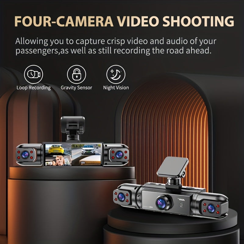 AXH 360° Panoramic 3/4 Lens Channel 1080P HD Ultimate Dash Cam Kit, 1080P Front And 720P Front-Rear-Left-Right Full Coverage, Quad-View Display, HD Night Vision, WDR, G-Sensor