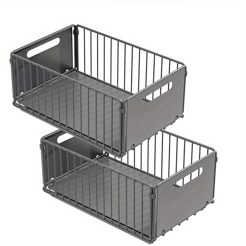 2pcs Pull Out Cabinet Organizer, Collapsible Pull Out Drawers for Cabinets Fixed with Adhesive Film, Slide Out Shelf Storage Basket for Kitchen Bathroom Home, Large
