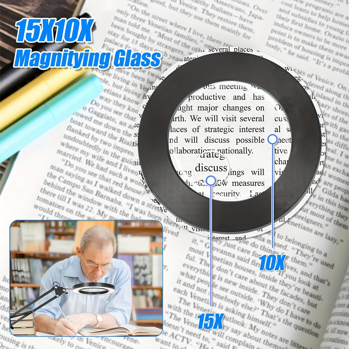 15X-10X Magnifying Glass LED Desk Lamp, 2-in-1 USB-Powered with Heavy Base & Clamp, 3 Color Modes & 10 Brightness Levels for Reading, Repair, Crafts, Sewing, Nail Art, Craft Lighting | Flexible Positioning | Adjustable Lighting, Lamp Desk