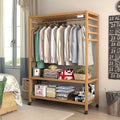 1pc Bamboo Clothes Rail Rack Standing Coat Garment Organizer Wardrobe Closet With 3 Tiers Storage Shelves And One Top Rod For Hanging Clothes With Wheels For Bedroom Entry Apartment, Portable Closets
