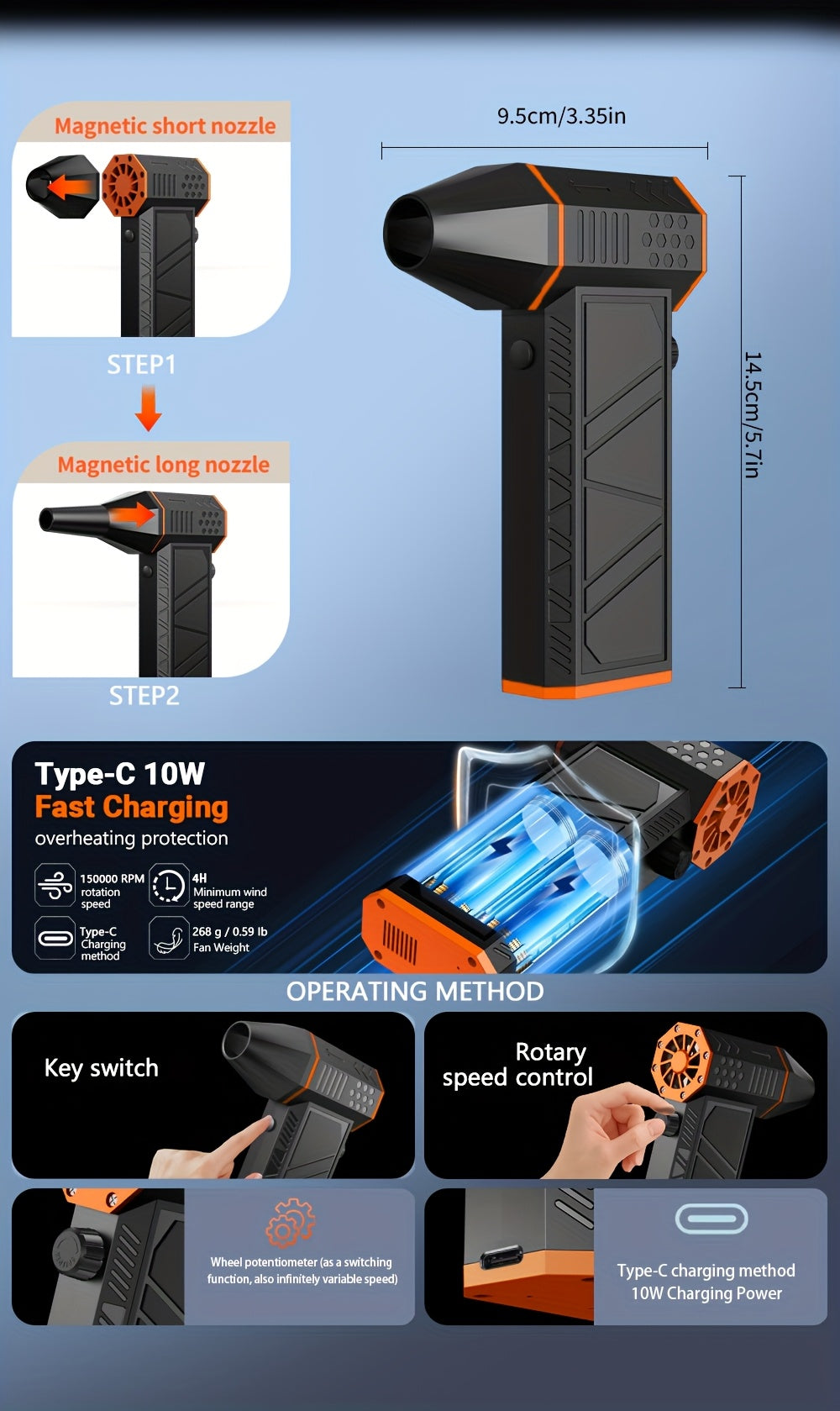 Bilolly Turbo Fan High-Power Jet Fan, 150000RPM, Compressed Air Dust Blower, 3-speed Settings - 100000/130000/150000RPM, Car Cleaning Tool, Lightweight Blower, High-Performance Motor, Durable Construction, Powerful Airflow, Birthday Gift For Men