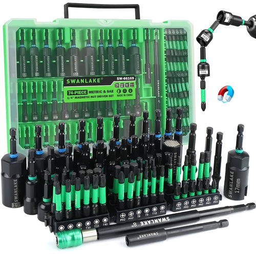 Magnetic Nut Driver Set: 74pcs, Metric & SAE, for Impact Drill, Impact Socket Adapter, Power Bits with Magnetic Holder, Wing Nut Driver, Socket, 1/4'' Quick-change Bit Extension