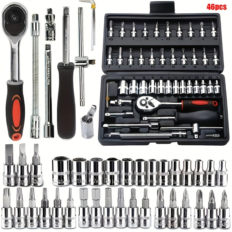 46/50pcs Socket Wrench Set Ratchet Set Mechanical Tool Kit for Auto Repair And Home Use Metric 1/4 Inch Drive Bit Socket, with Bit Socket Set Metric And Extension Bar for Auto Repairing And Household, with Storage Case