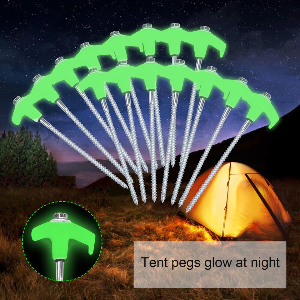 21pcs/Set 8-Inch Heavy-Duty Stainless Steel Tent Pegs - Screw In Ground Anchor Stakes with Hex Head Driver And Carry Case - Luminous Outdoor Hexagonal Drillable Metal Tent Nails Fixing Nails for Camping & Securing