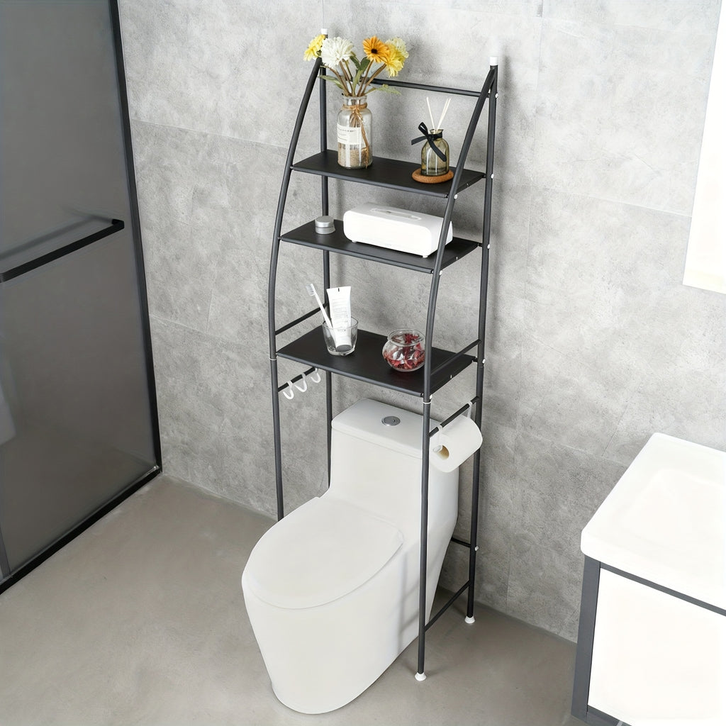 3-Tier Over Toilet Rack Bathroom Organizer Laundry Washing Machine Steel Storage Shelf Towel Accessories Hook Paper Roll Holder White Black, Shelves