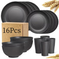32pcs/ 16pcs Solid Black Plastic Wheat Straw Dinnerware Set - Complete 4-8Person Setting, Unbreakable Modern Plates, Bowls & Cups | BPA-Free, Microwave-Safe Stackable Dishes | Lightweight Yet Durable Tableware Set| Utensils For Everyday Use, Camping