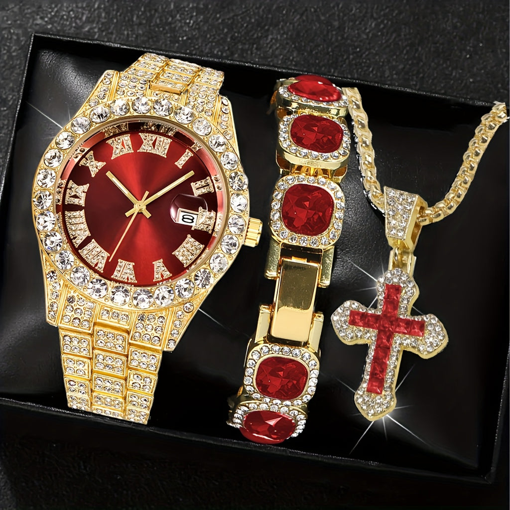 [Men's Watch Set] Luxury Men's Watch, Including Artificial Faux Gemstone Bracelet and Cross Necklace, Roman Numeral Dial Inlaid with Rhinestones, Perfect Gift, a Must for Parties