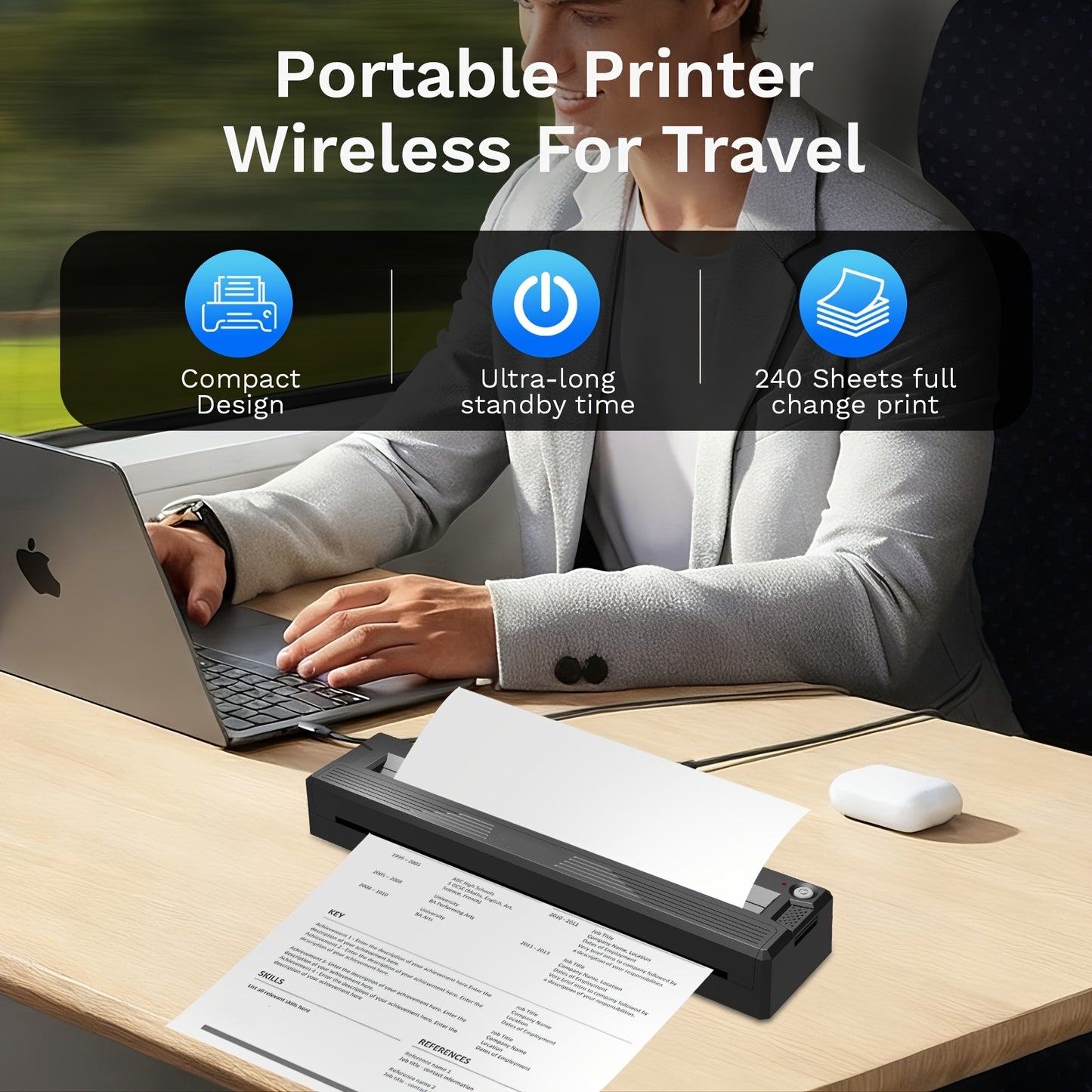 Portable Wireless Printer for Travel, 2026 Newly Upgraded Portable Thermal Inkless Printer, Supports 21.59cm×27.94cm US Letter & Legal, A4 & A5, Compatible with Android/iOS Phones & Laptops (Includes 3 Sheets of Tattoo Transfer Paper and 10 Sheets