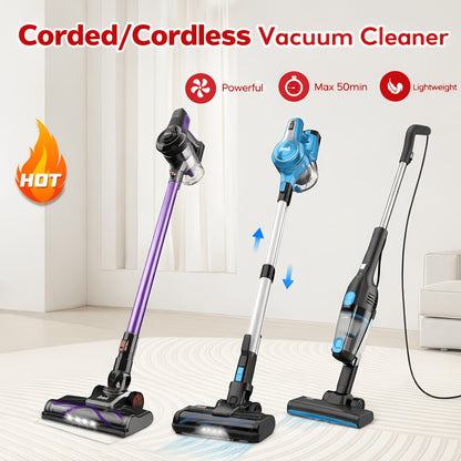 Corded/Cordless Stick Vacuum Cleaner Powerful Suction, Lightweight Upright Handheld Vacuum with Anti-Tangle Brush And LED Headlight for Pet Hair, Carpet, Hardwood Floor And Tile Cleaning, 2-In-1 Home Vacuum for Car, Living Room, Bedroom, Office