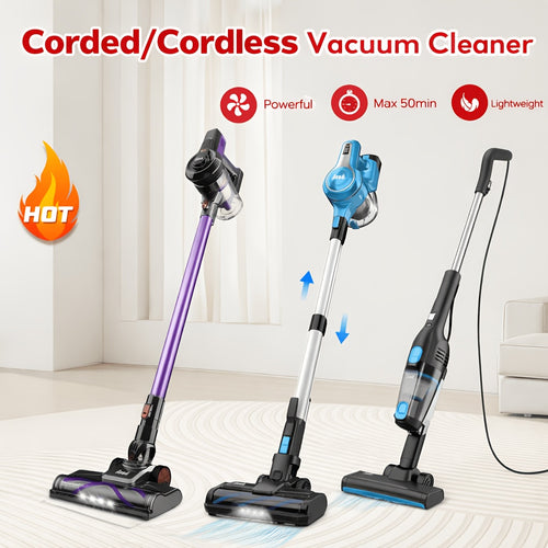 Corded/Cordless Stick Vacuum Cleaner Powerful Suction, Lightweight Upright Handheld Vacuum with Anti-Tangle Brush And LED Headlight for Pet Hair, Carpet, Hardwood Floor And Tile Cleaning, 2-In-1 Home Vacuum for Car, Living Room, Bedroom, Office