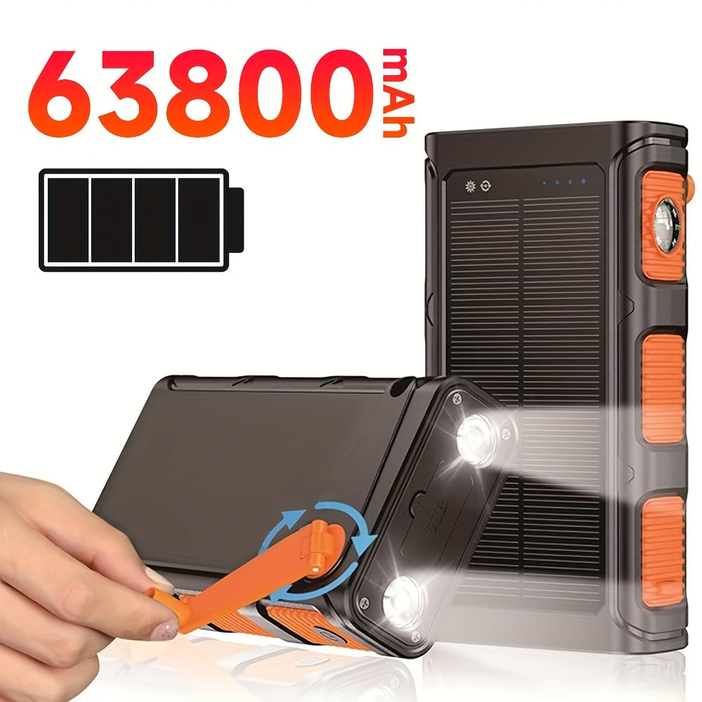 63800mAh Solar Power Bank, Battery Pack Fast Charging, Can Be Charged for 5 Devices At The Same Time, Equipped with Solar Charging/hand Joystick Charging/comes with 3 Charging Cables/night Lighting/outdoor Compass