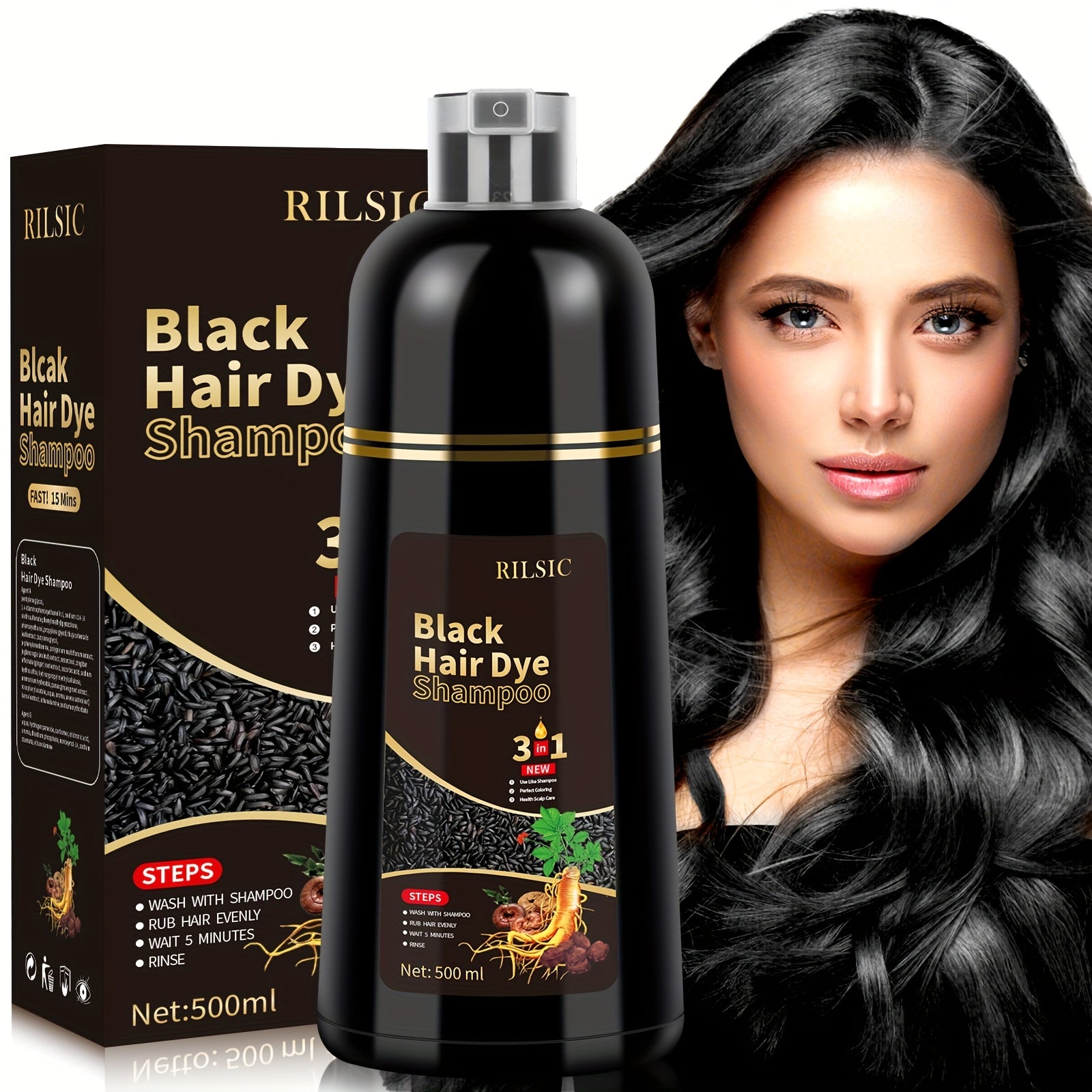 RILSIC 1pc Black Hair Dye Shampoo 3 IN 1, 100% Grey Hair Coverage, Natural Herbal Ingredients Hair Dye Coloring in Minutes, Long Lasting-Safe And Easy to Use, Gifts for Women And Men 500Ml