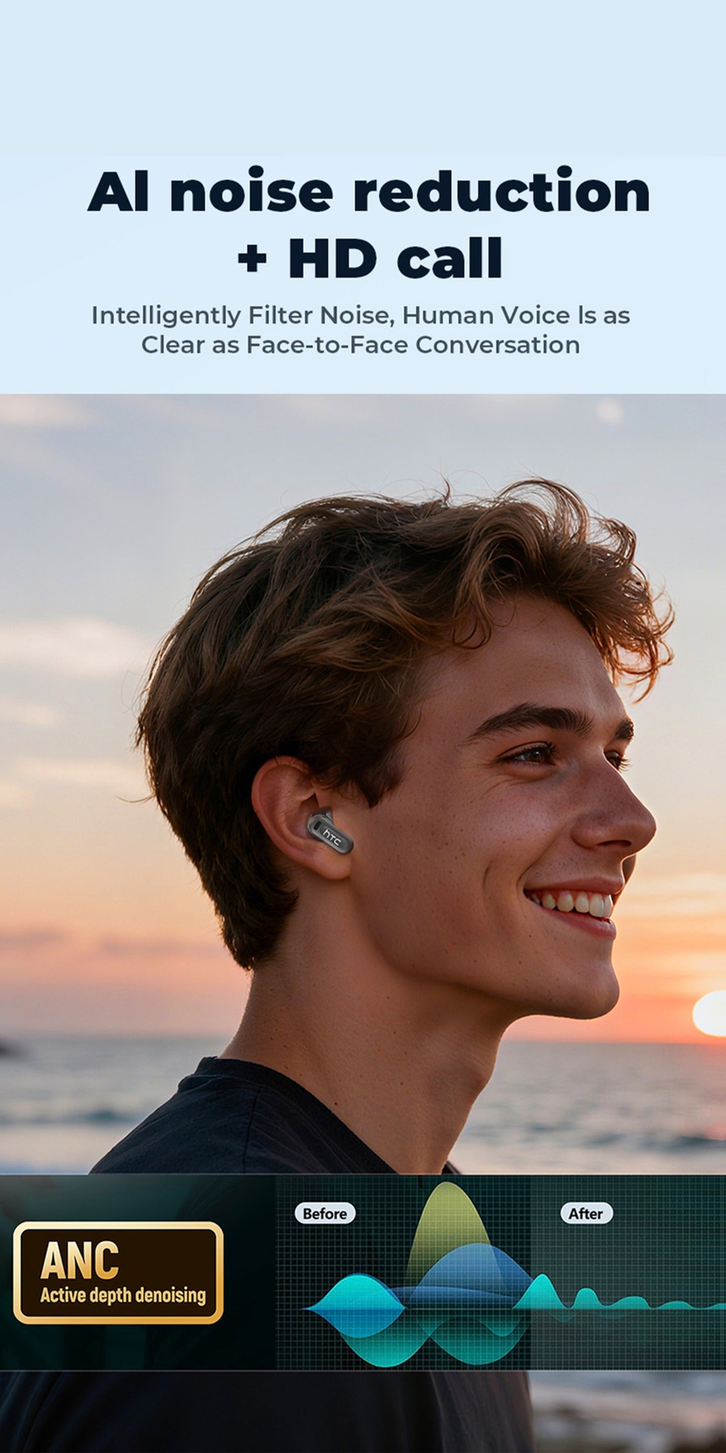 HTC NE20 Wireless Translation Earbuds, with 136+ Language Translation for Better Cross-Language Communication, Wireless V6.0 Low Latency, Active Noise Cancellation, Comfortable for Sleep, Wearable for Running, Office, and Entertainment, Language