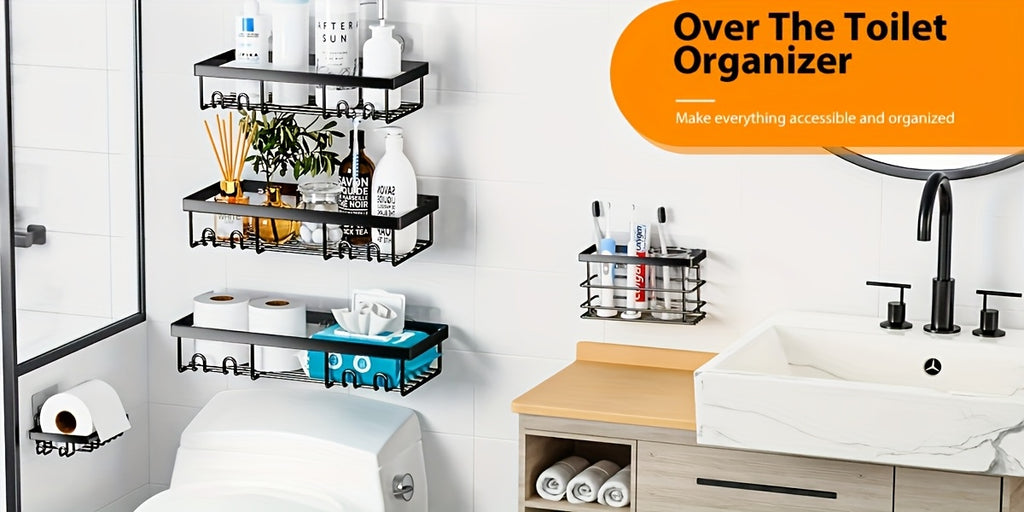 Shower Storage Solution, Bathroom Organizers for Showers, Black Shelves Designed for Use in The Shower Featuring a Soap Holder And Toothbrush Compartment, Stainless Steel Wall-Mounted Baskets with Adhesive (Set of 5)