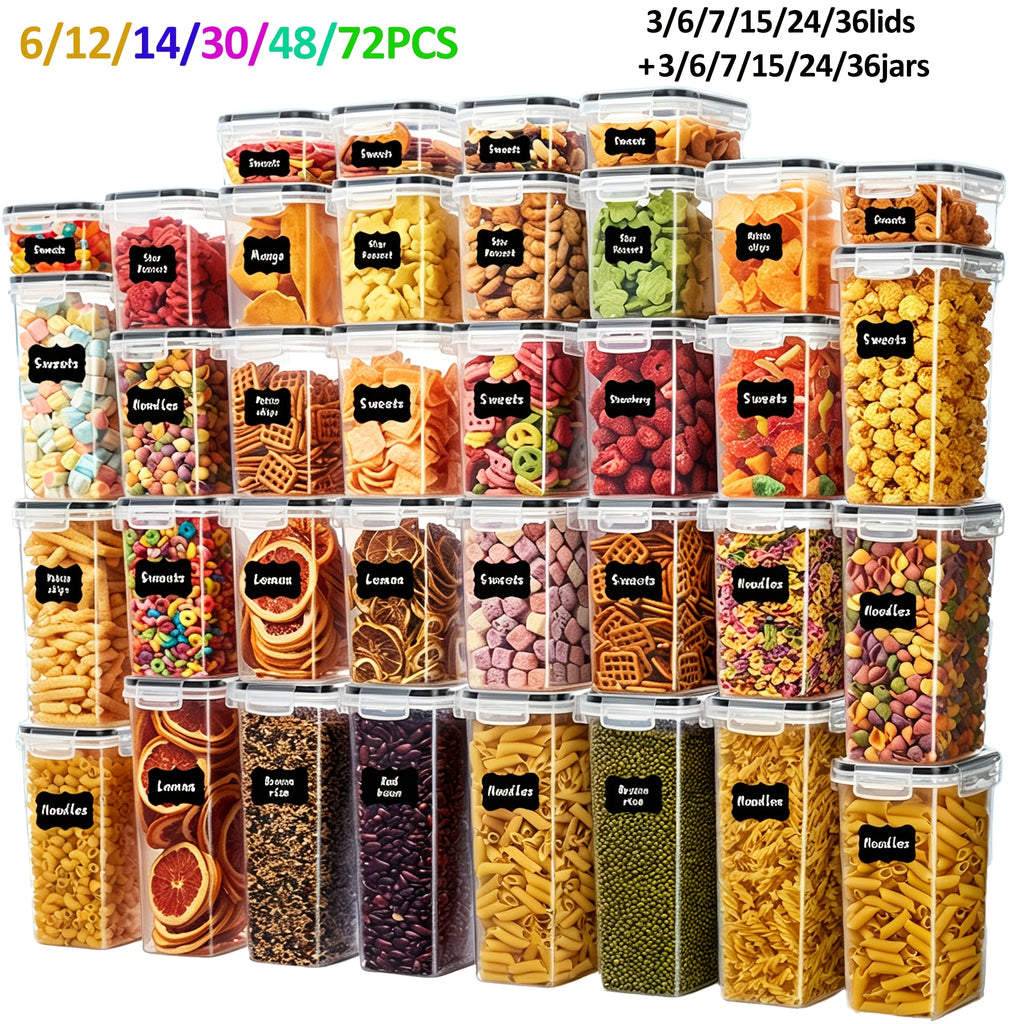 6/12/14/30/48/72pcs (6/7/15/24/36lids+ 6/7/15/24/36jars)Sealed Food Storage Containers With LIDS - Perfect For Kitchen And Pantry Organization, Durable Plastic, Ideal For Grains, Rice, Pasta, Tea, Nuts And Coffee Beans
