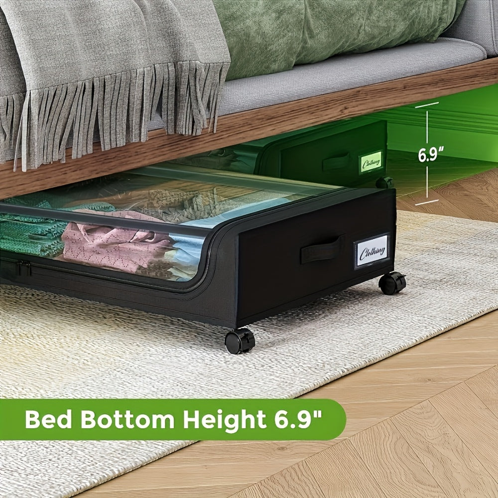 2 Pack Under Bed Storage with Wheels, Large Capacity Under Bed Storage Containers with Clear Lid, Handle, Label, Rolling Under Bed Shoes Storage Organizer for Clothes, Shoes, Blanket, Books, Under-Bed Storage