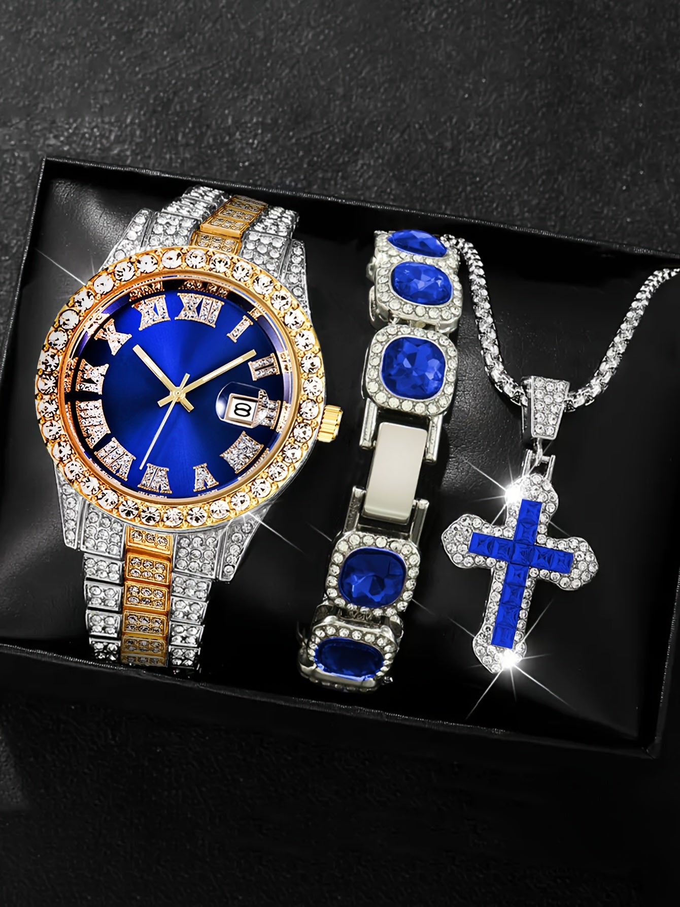 [Men's Watch Set] Luxury Men's Watch, Including Artificial Faux Gemstone Bracelet and Cross Necklace, Roman Numeral Dial Inlaid with Rhinestones, Perfect Gift, a Must for Parties